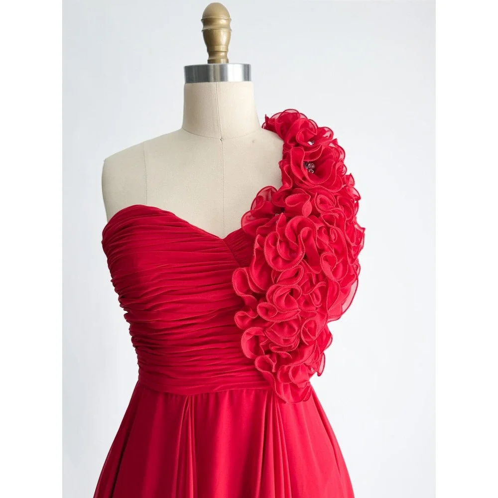Bee Darlin Dress One Shoulder 3D Floral High Low Red Chiffon Prom Party Vintage